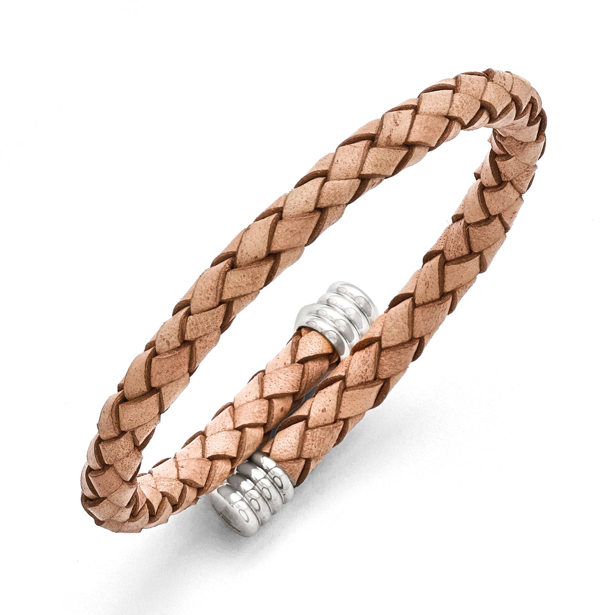 Stainless Steel Polished Adjustable Tan Woven Leather Wrap Bracelet