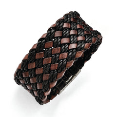 Stainless Steel Brushed Black and Brown Italian Woven Leather Bracelet