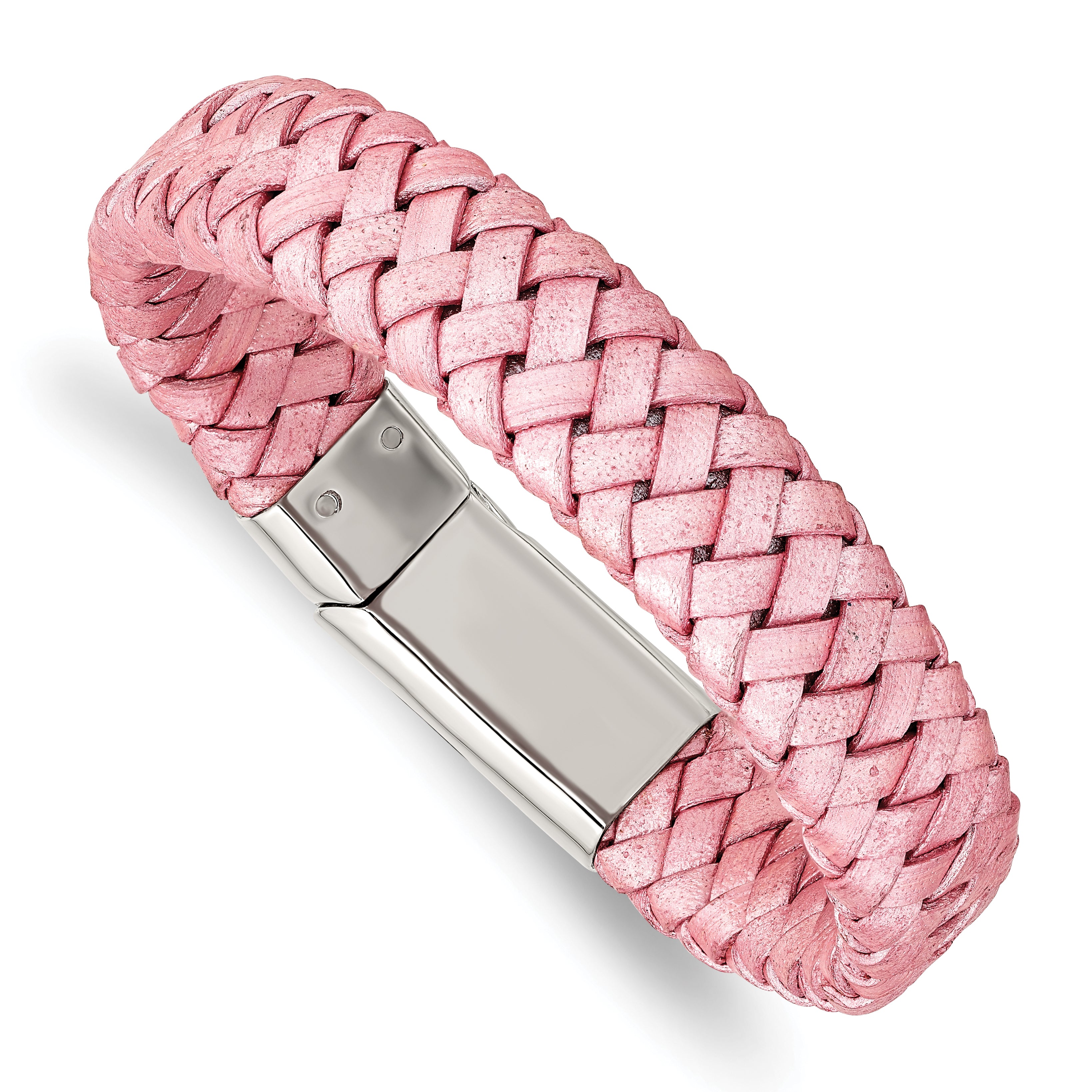 Chisel Stainless Steel Polished Metallic Pink Braided Leather 7.5 inch Bracelet Main image