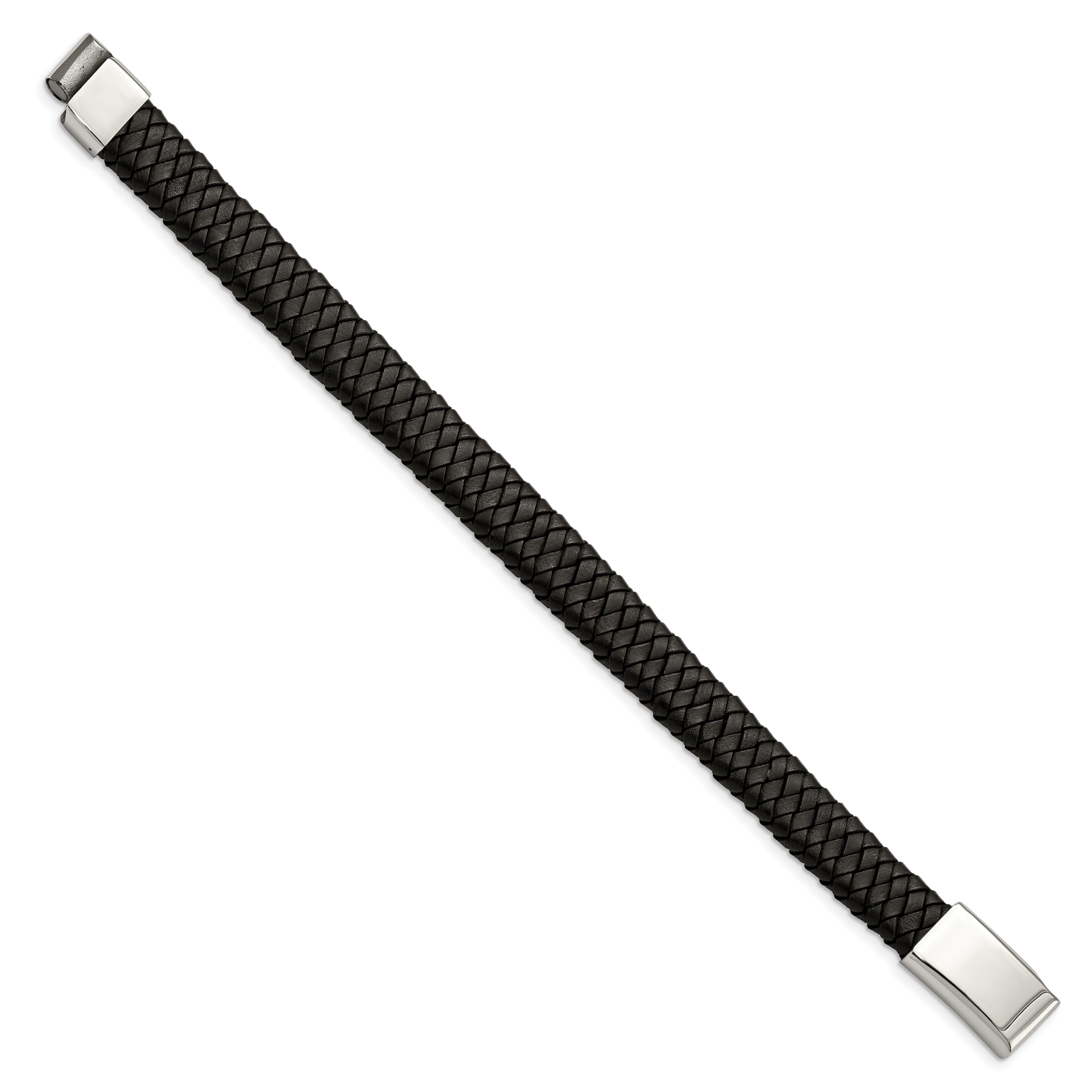 Chisel Stainless Steel Polished Black Woven Leather 8.5 inch Bracelet