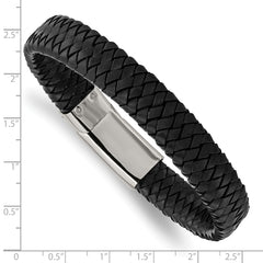 Chisel Stainless Steel Polished Black Woven Leather 8.5 inch Bracelet