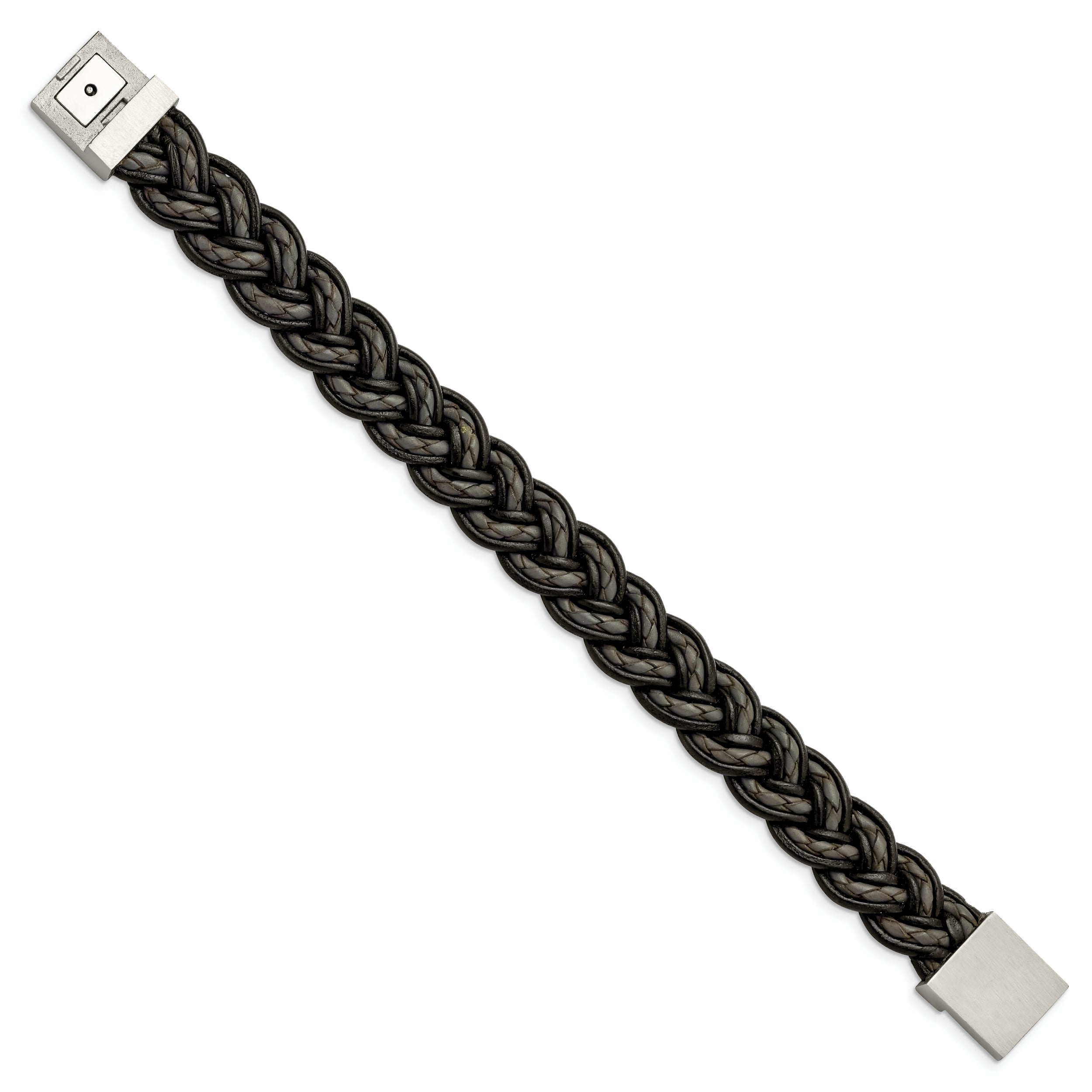 Stainless Steel Brushed Black and Grey Woven Leather 8.5in Bracelet