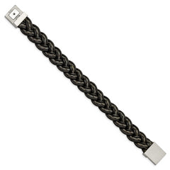 Stainless Steel Brushed Black and Grey Woven Leather 8.5in Bracelet