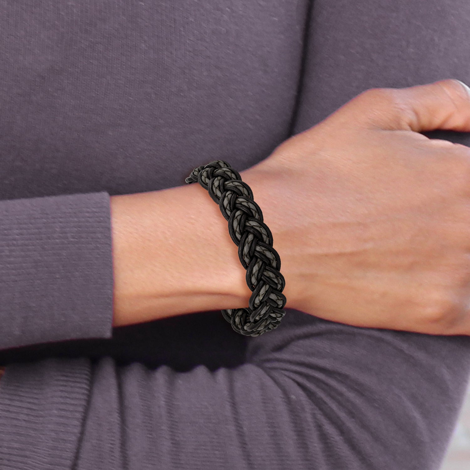 Stainless Steel Brushed Black and Grey Woven Leather 8.5in Bracelet