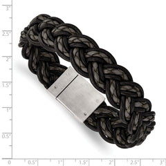 Stainless Steel Brushed Black and Grey Woven Leather 8.5in Bracelet