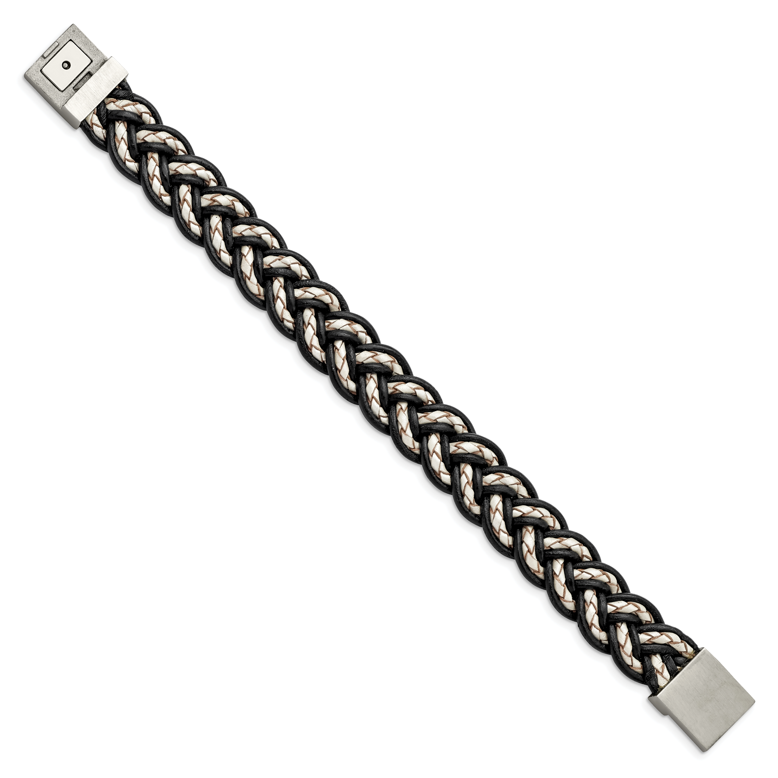 Woven Leather Bracelet in Stainless Steel, Black & Cream