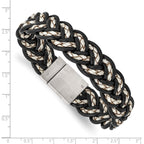 Woven Leather Bracelet in Stainless Steel, Black & Cream