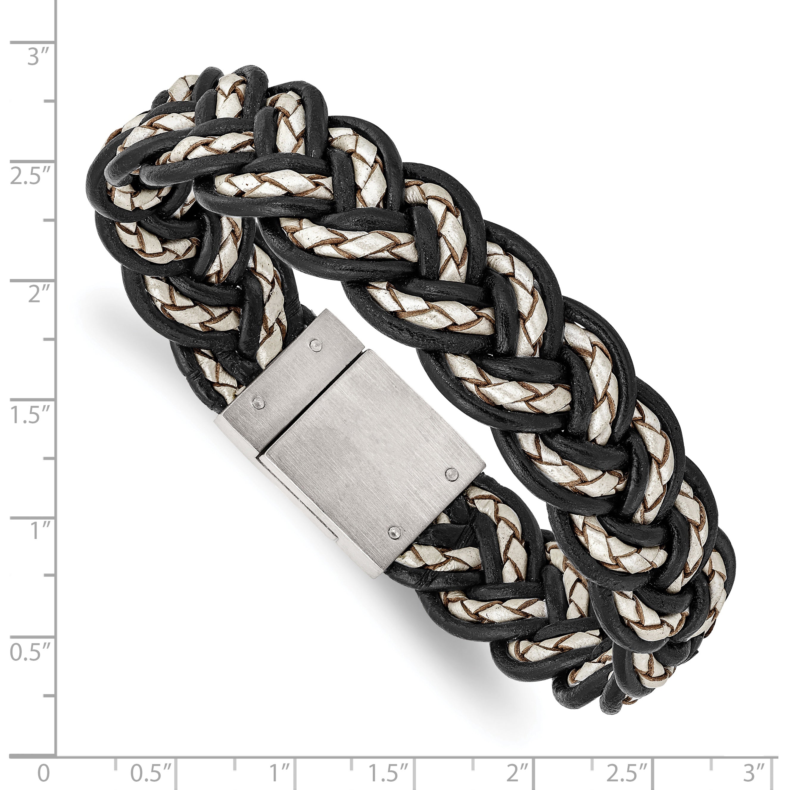 Woven Leather Bracelet in Stainless Steel, Black & Cream