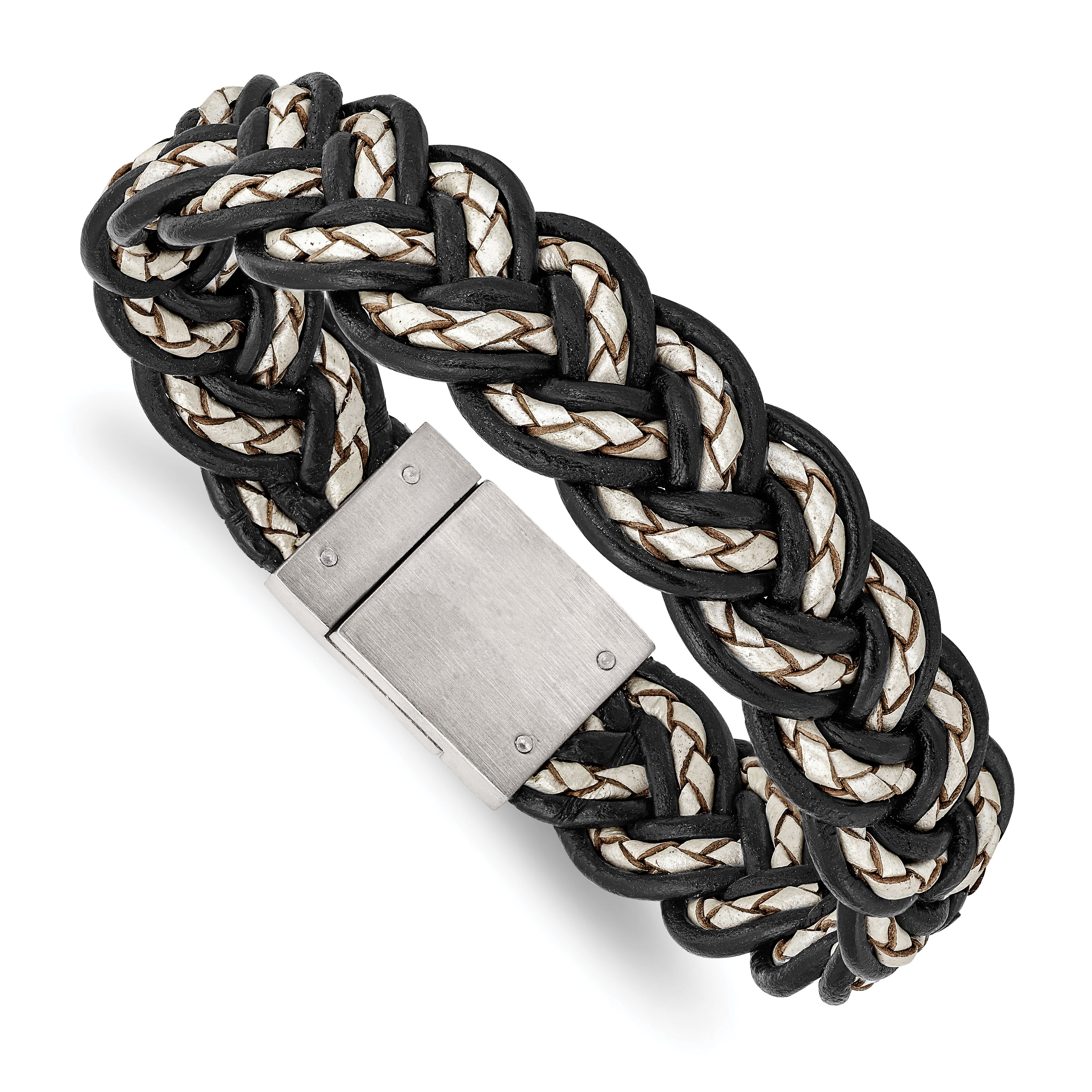 Stainless Steel Brushed Black and Cream Woven Leather 8.5in Bracelet Main image
