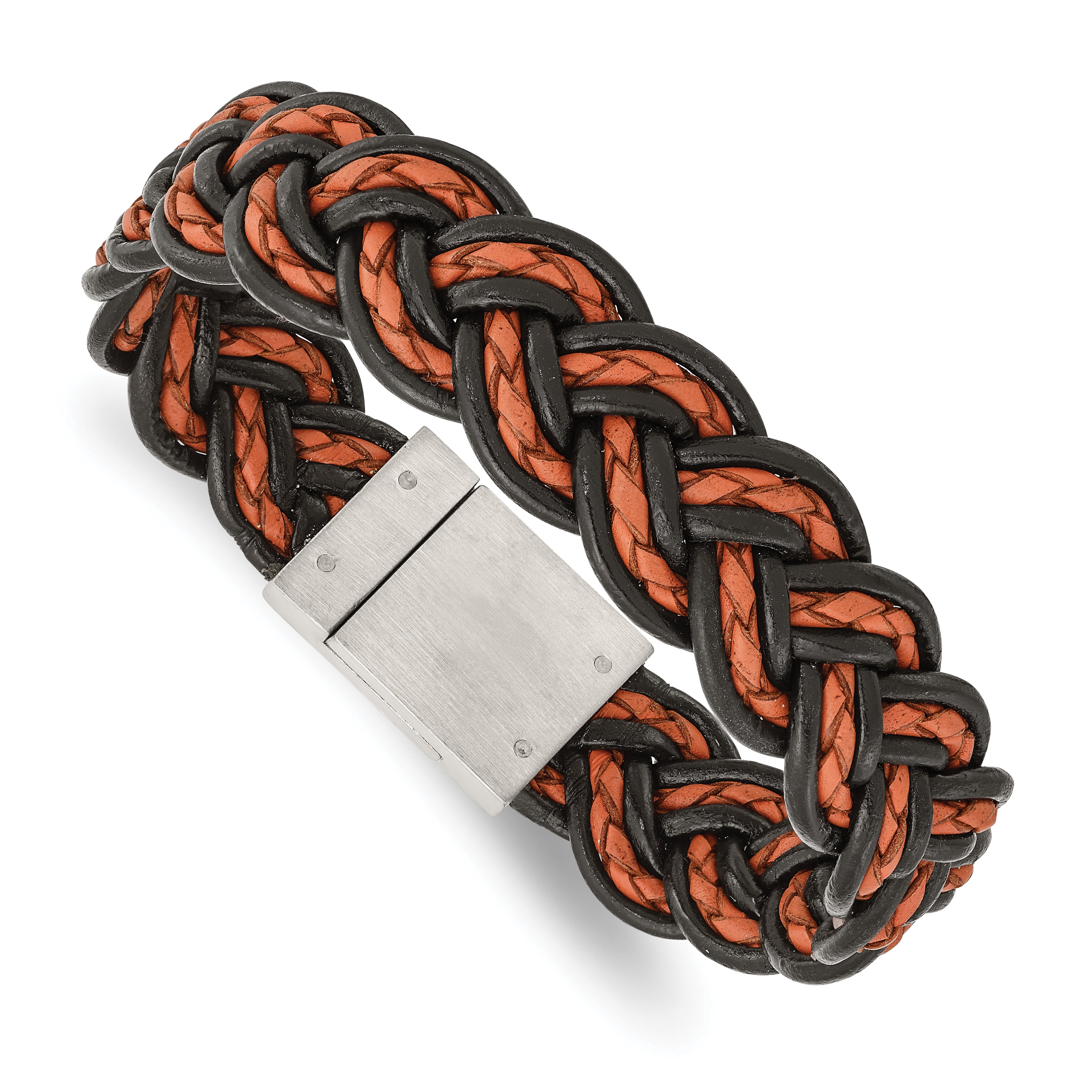 Stainless Steel Brushed Black and Orange Woven Leather 8.5in Bracelet Main image