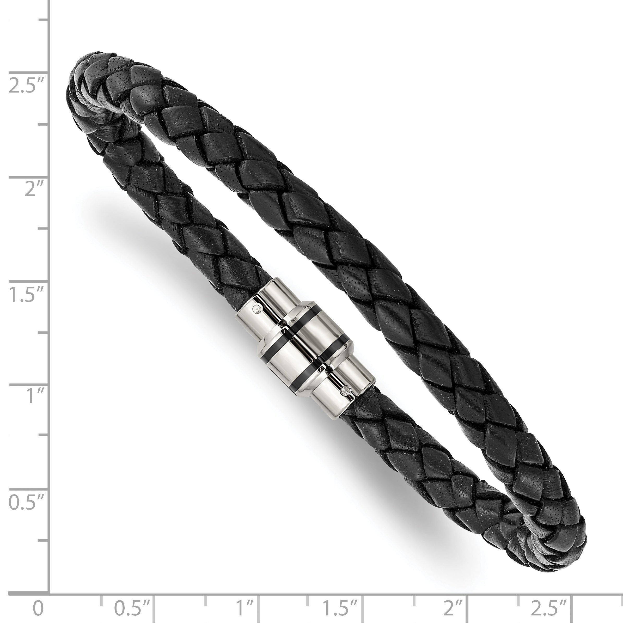 Black Braided Leather Bracelet in Stainless Steel