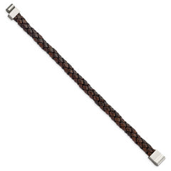 Chisel Stainless Steel Polished Brown Woven Leather 8.75 inch Bracelet