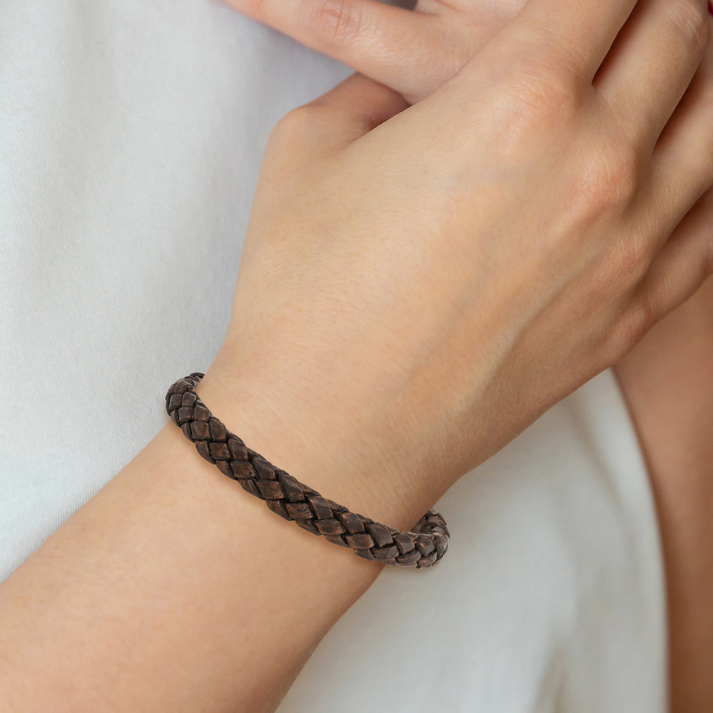Woven Brown Leather Bracelet in Stainless Steel