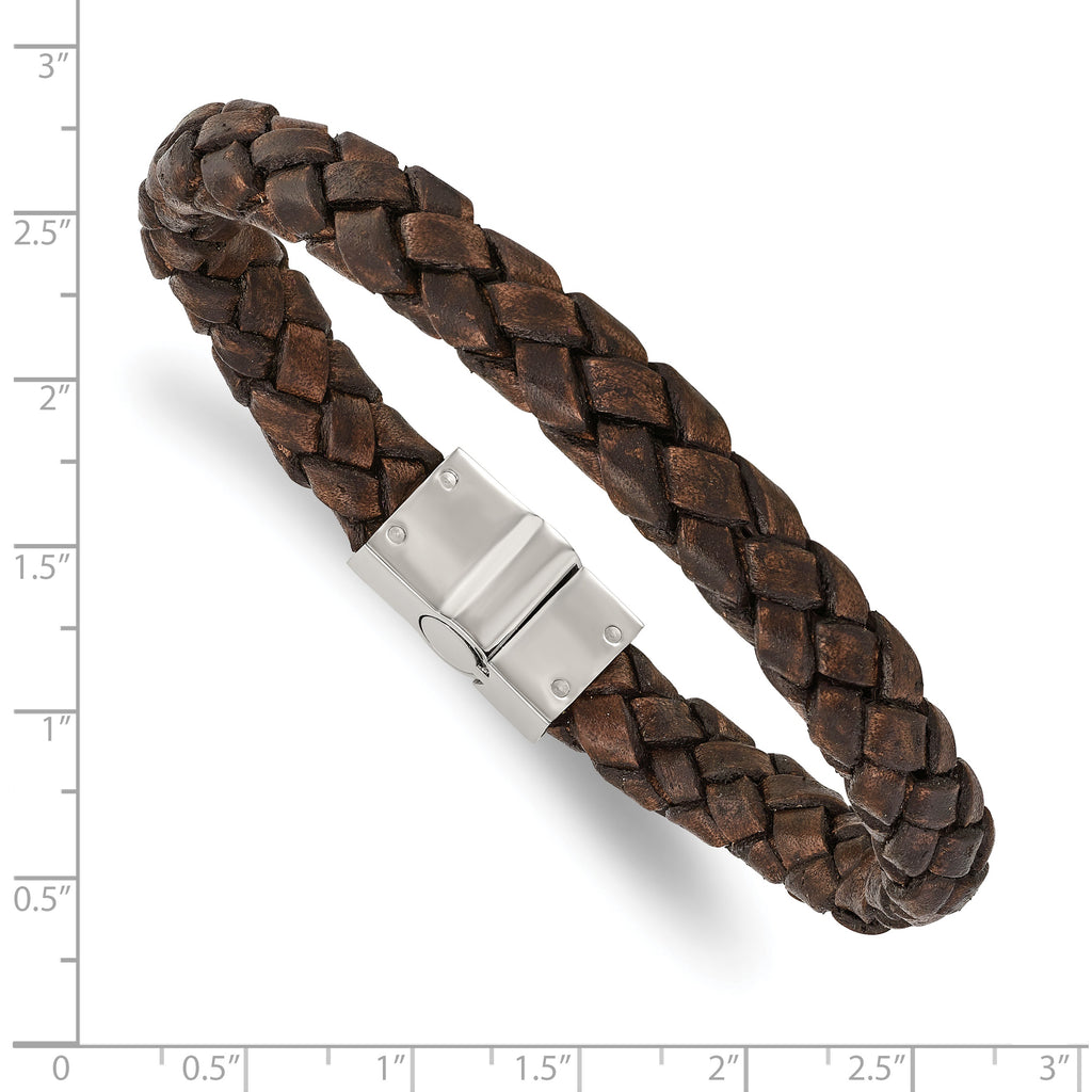 Woven Brown Leather Bracelet in Stainless Steel