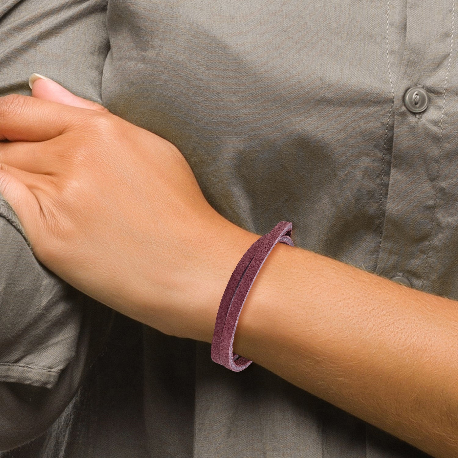 Stainless Steel Polished Purple Leather Wrap Bracelet