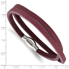 Stainless Steel Polished Purple Leather Wrap Bracelet