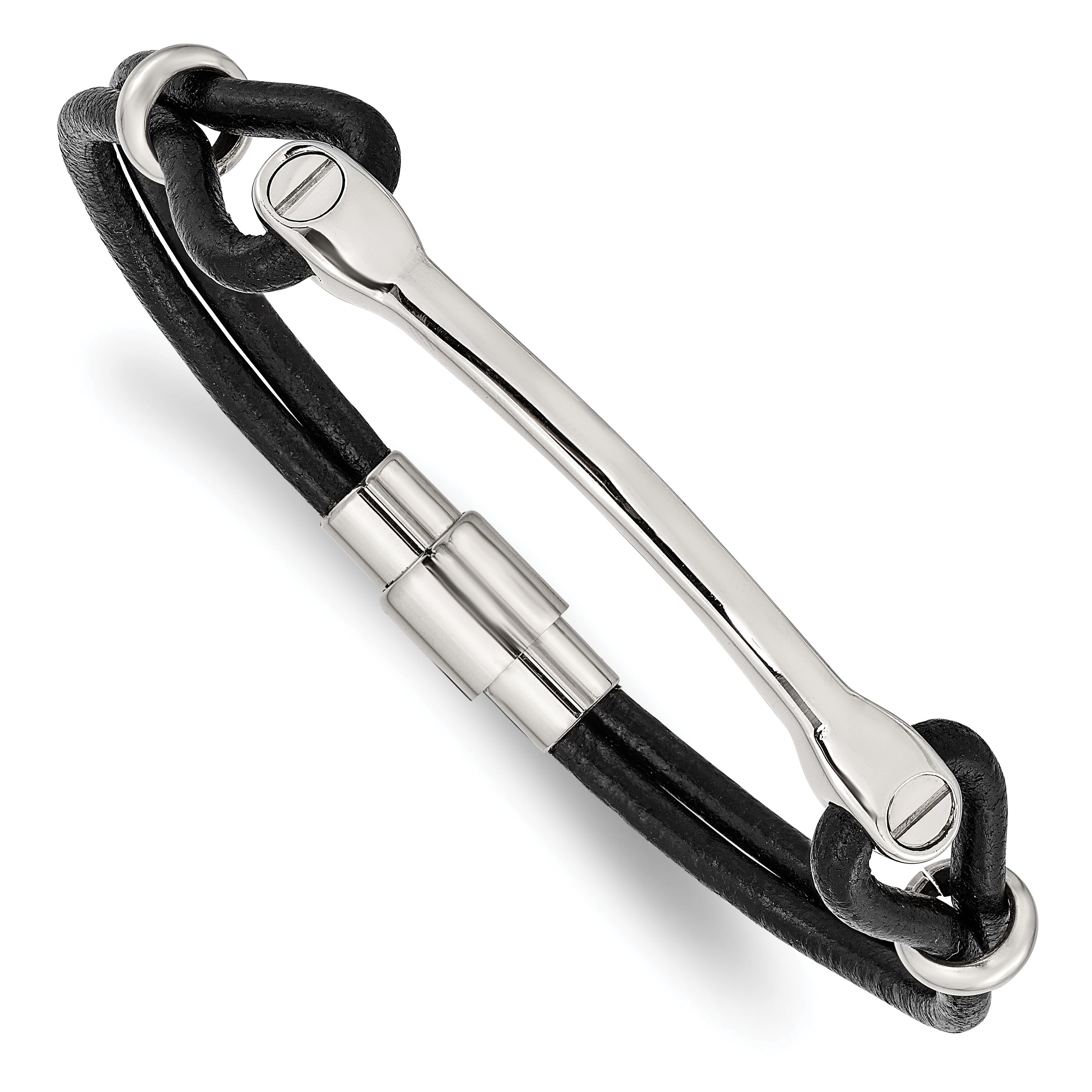 Chisel Stainless Steel Polished Black Leather 7.5 inch ID Bracelet Main image