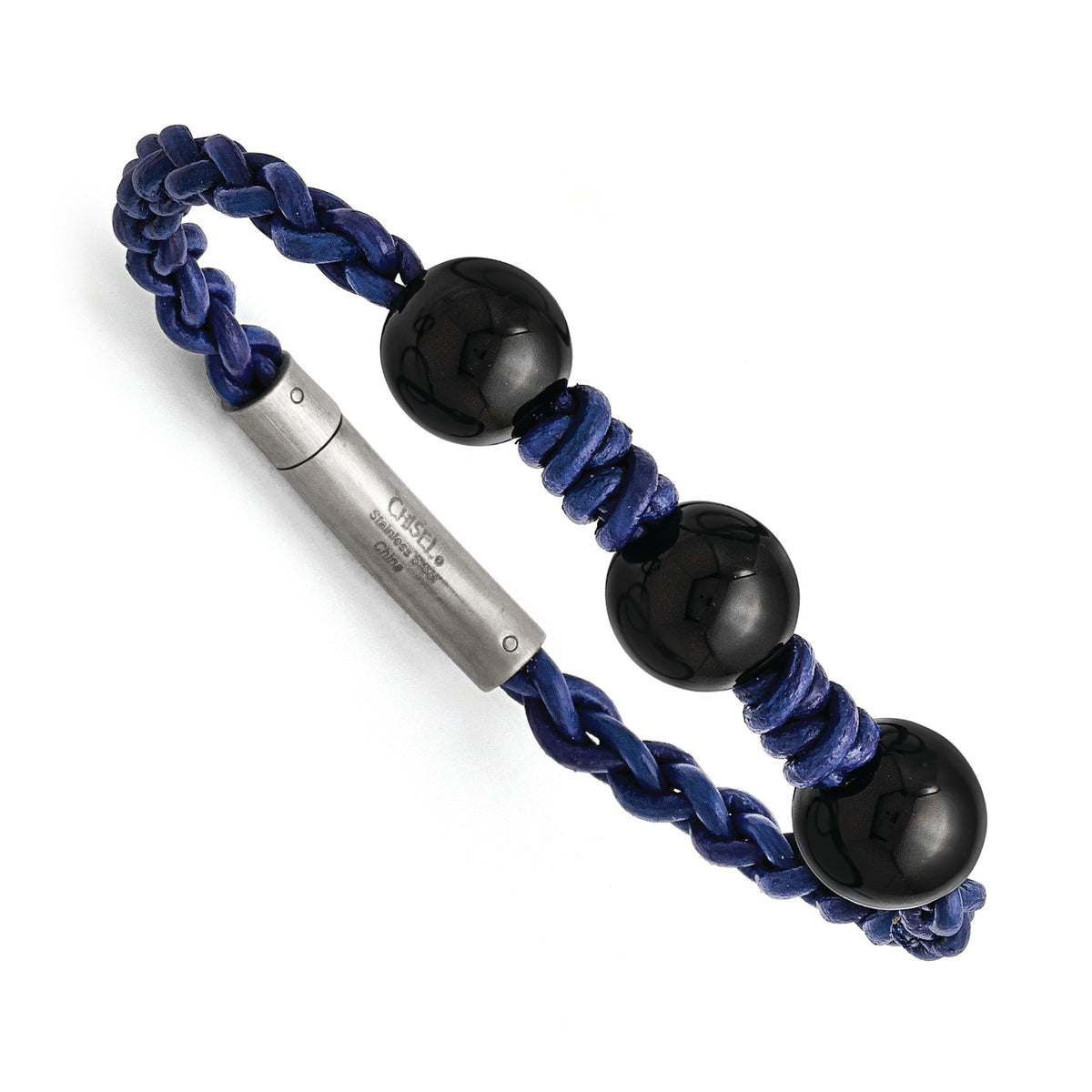 Stainless Steel Black Agate Bead and Blue Braided Leather Bracelet