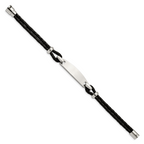 Woven Black Leather ID Bracelet in Stainless Steel