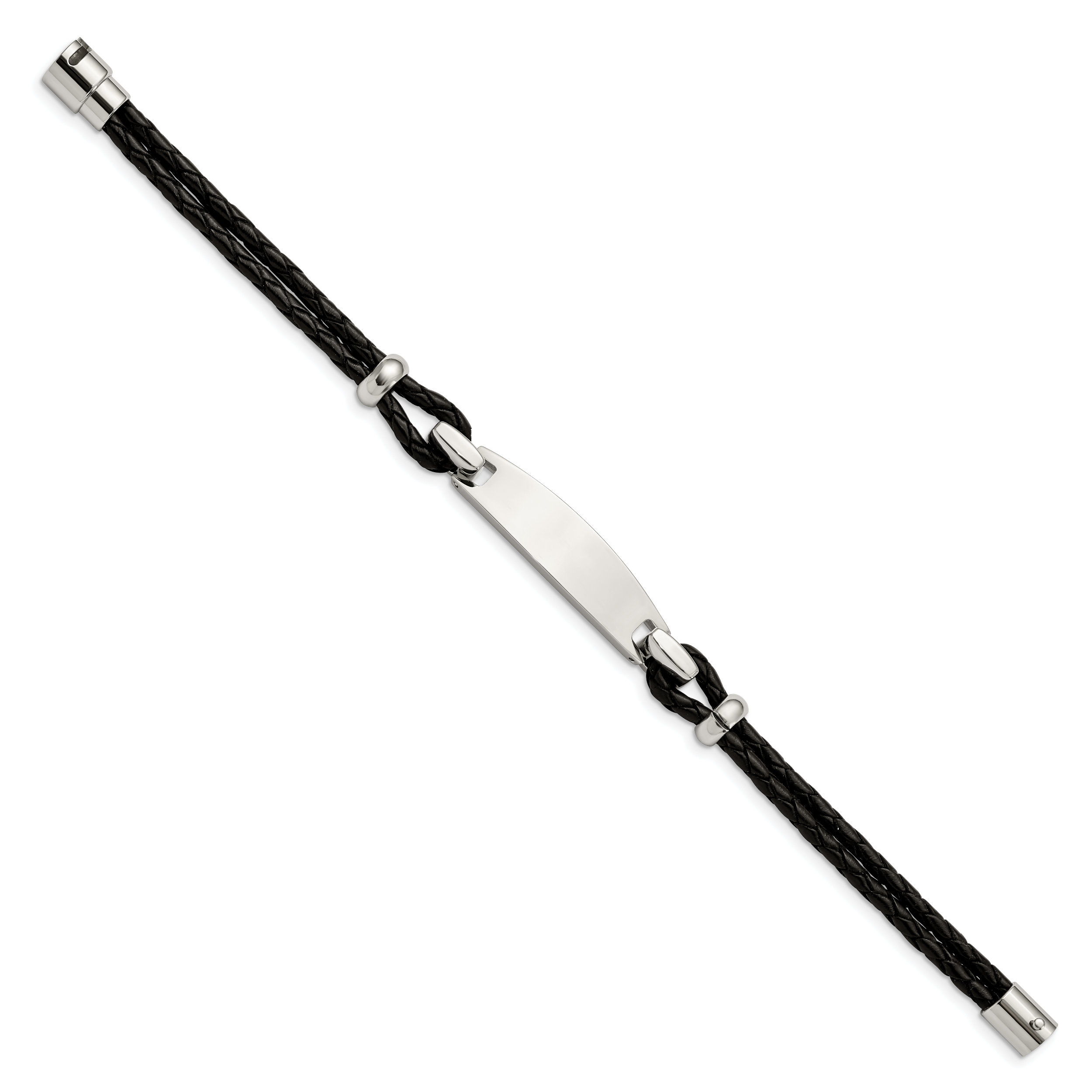 Woven Black Leather ID Bracelet in Stainless Steel