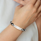 Woven Black Leather ID Bracelet in Stainless Steel