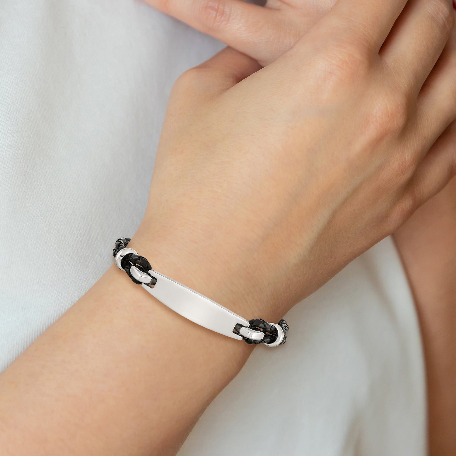 Woven Black Leather ID Bracelet in Stainless Steel