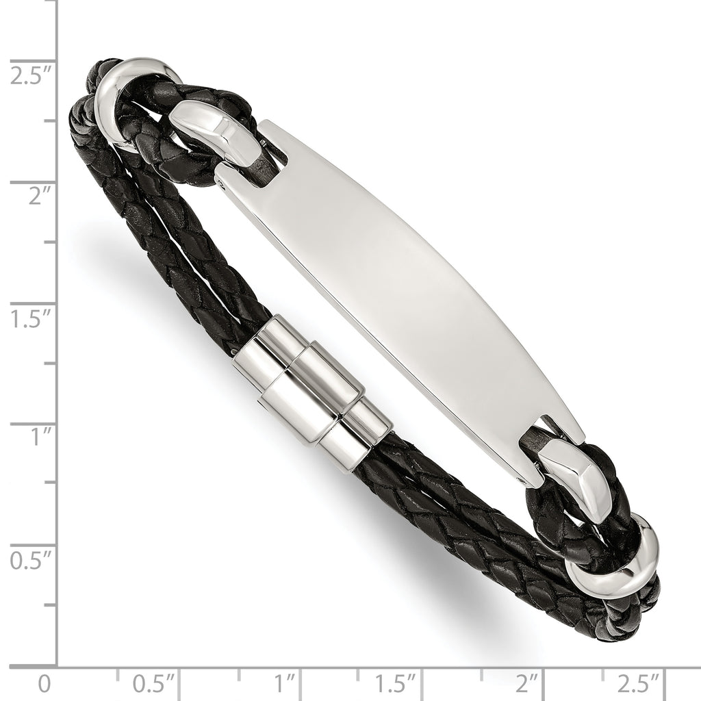 Woven Black Leather ID Bracelet in Stainless Steel