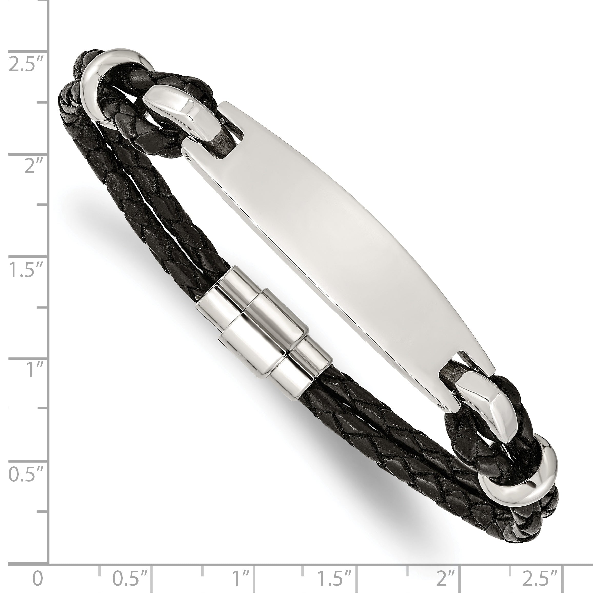 Woven Black Leather ID Bracelet in Stainless Steel