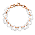 Chisel Stainless Steel Polished Rose IP-plated with White Ceramic Heart Links 7.25 inch Bracelet with .75 inch Extension