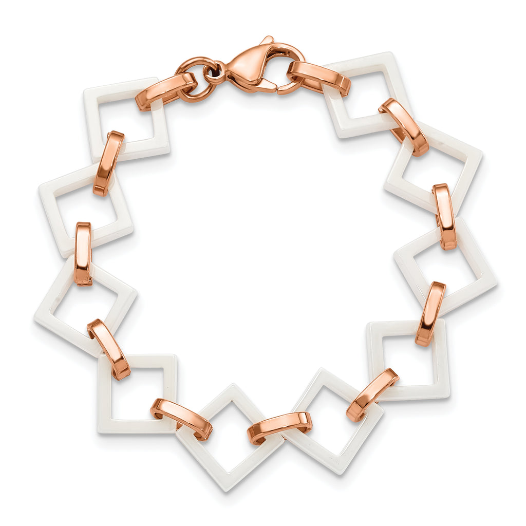 Rose-Tone & White Ceramic Open Link Bracelet in Stainless Steel