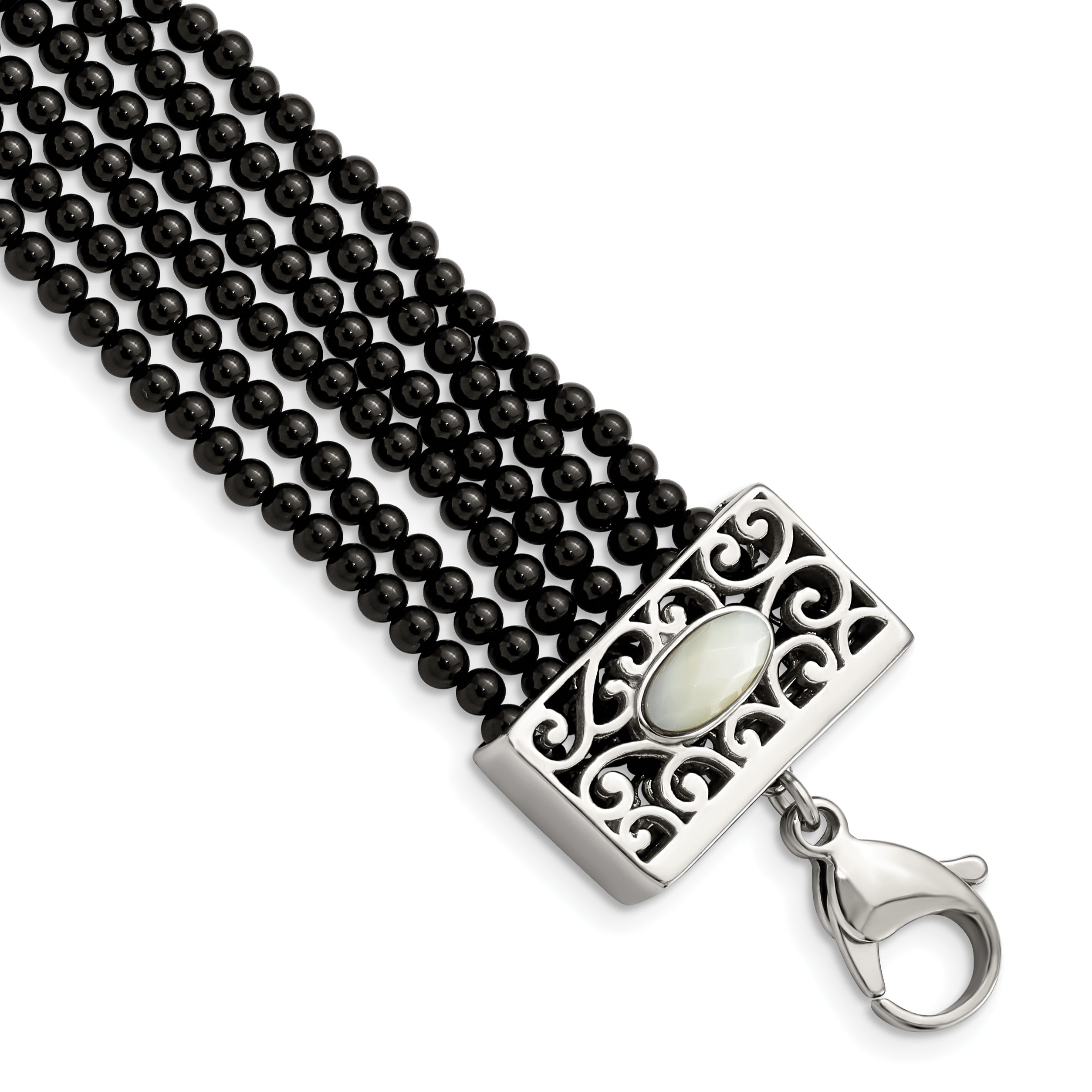 Stainless Steel Polished MOP/Black Onyx w/1.5in ext. Bracelet