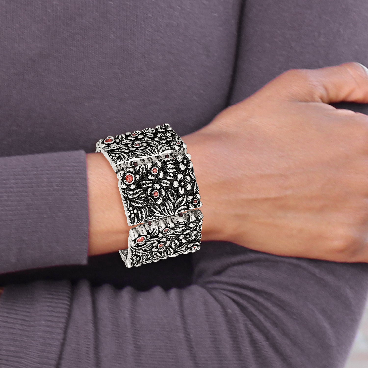 Stainless Steel Antiqued and Polished w/Red CZ Stretch Bracelet