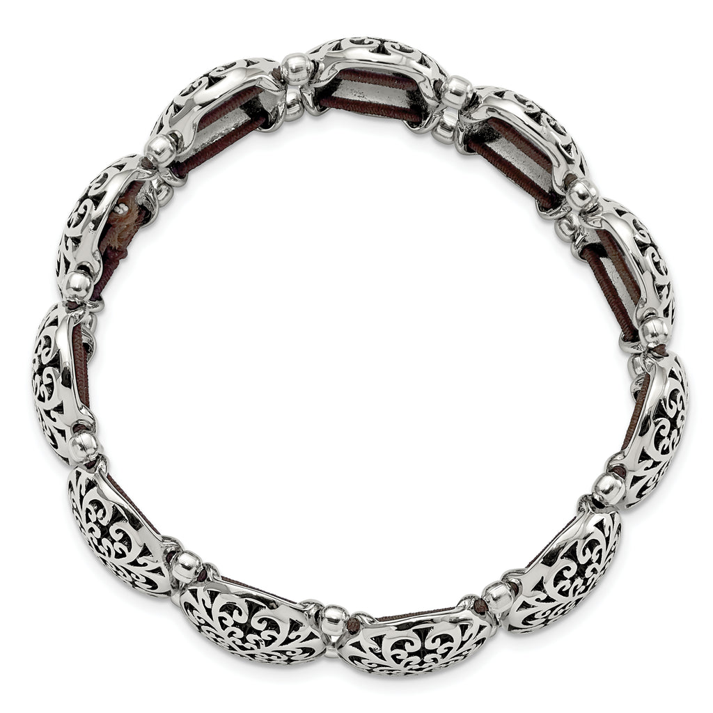 Antiqued & Polished Oval Stretch Bracelet in Stainless Steel