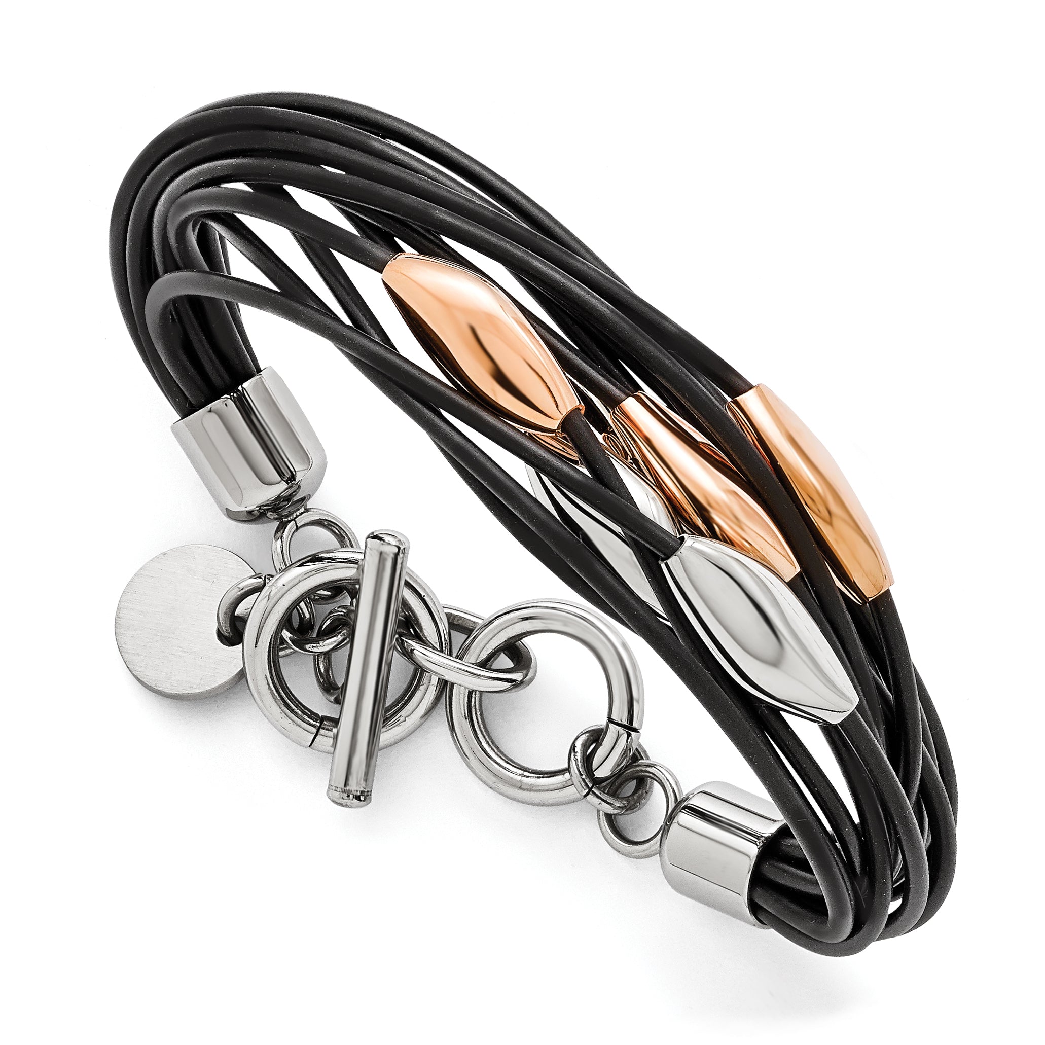 Stainless Steel Polished Pink IP-plated Black Rubber Bracelet