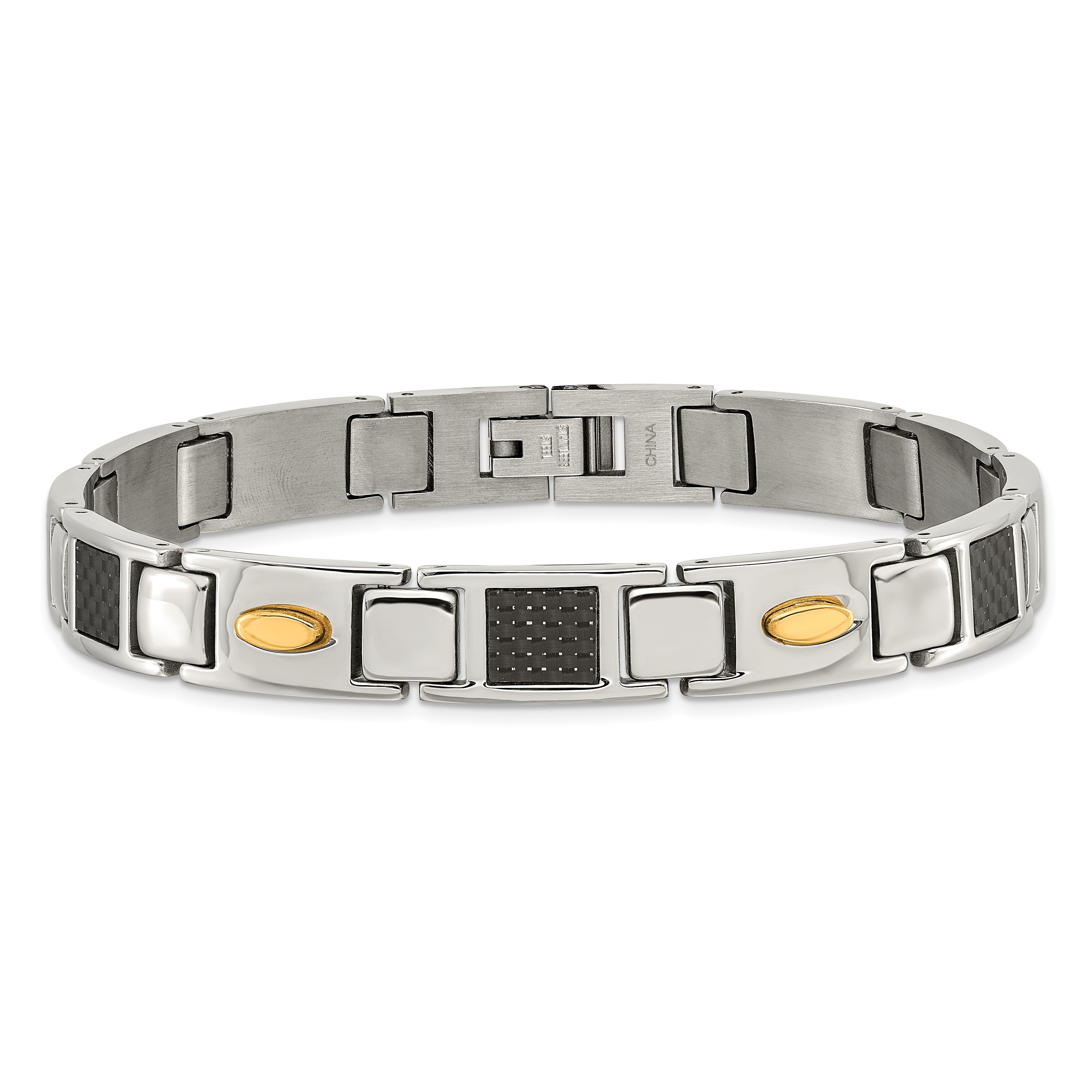 Chisel Stainless Steel Polished Yellow IP-plated with Black Carbon Fiber Inlay 8.5 inch Link Bracelet