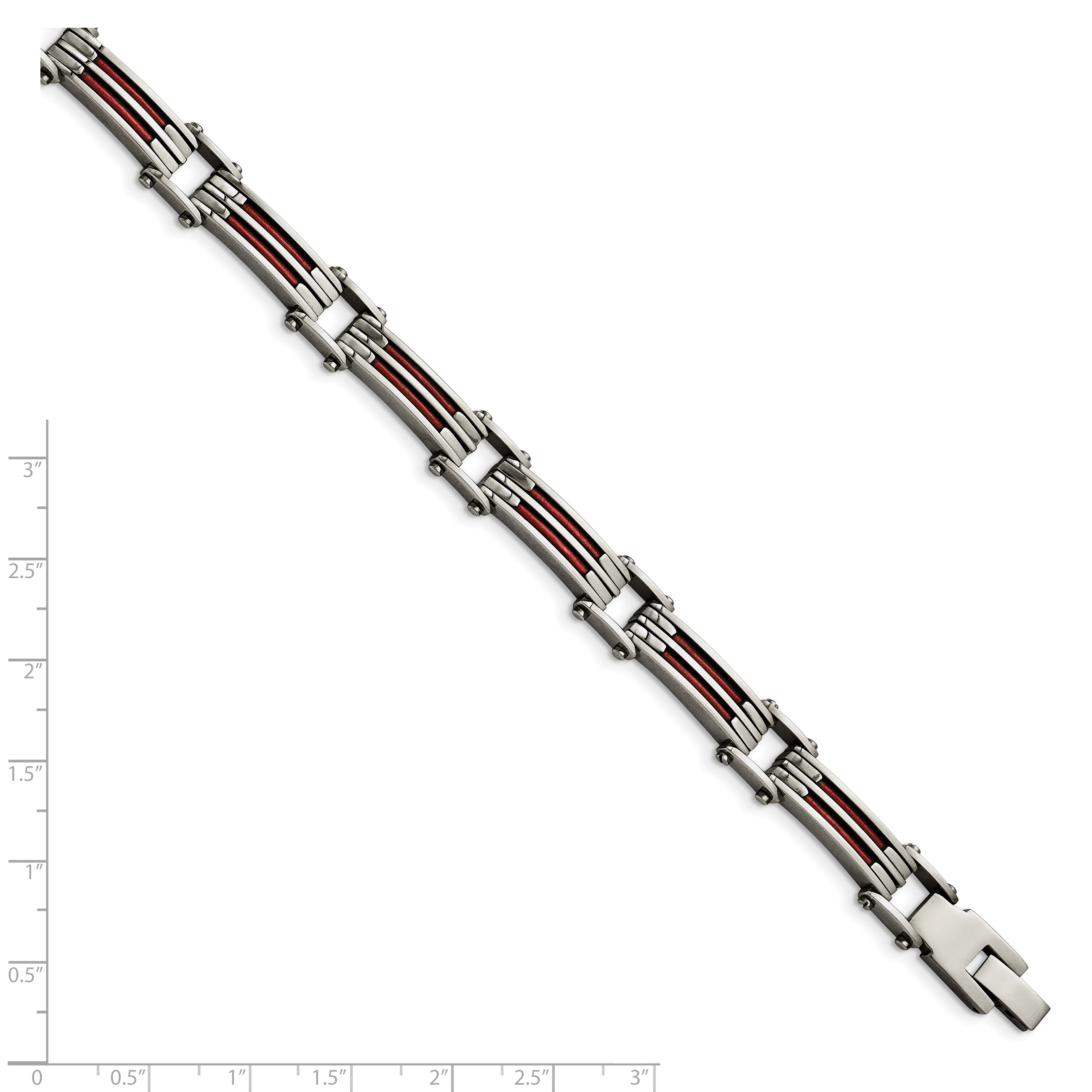 Stainless Steel Metallic Red Leather Polished Link Bracelet