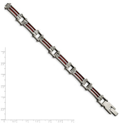 Stainless Steel Metallic Red Leather Polished Link Bracelet