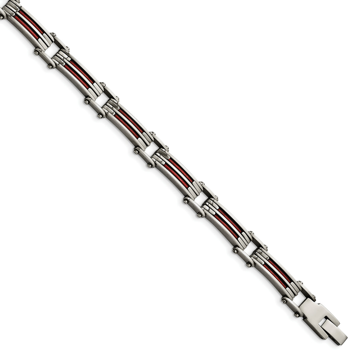 Stainless Steel Metallic Red Leather Polished Link Bracelet