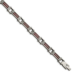 Stainless Steel Metallic Red Leather Polished Link Bracelet