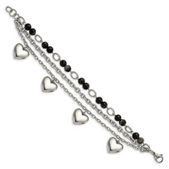 Stainless Steel Polished w/Black & White Agate w/Hearts 7.5in Bracelet