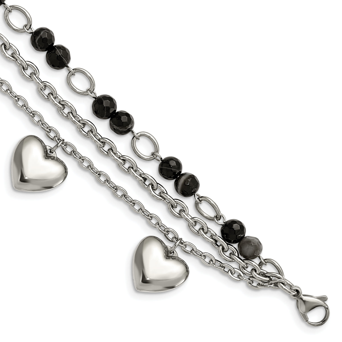 Stainless Steel Polished w/Black & White Agate w/Hearts 7.5in Bracelet