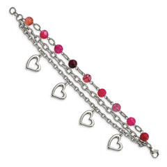 Stainless Steel Polished w/Pink Agate and Hearts 7.75in Bracelet