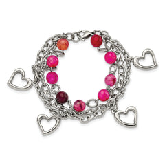Stainless Steel Polished w/Pink Agate and Hearts 7.75in Bracelet