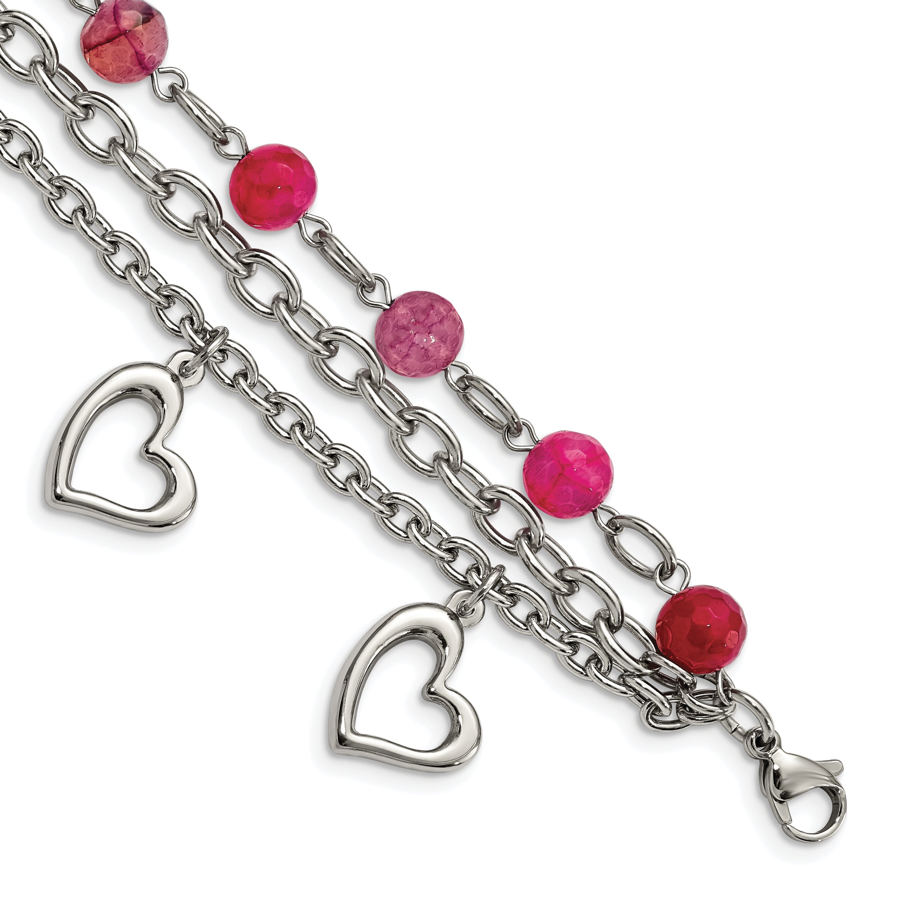 Stainless Steel Polished w/Pink Agate and Hearts 7.75in Bracelet Main image