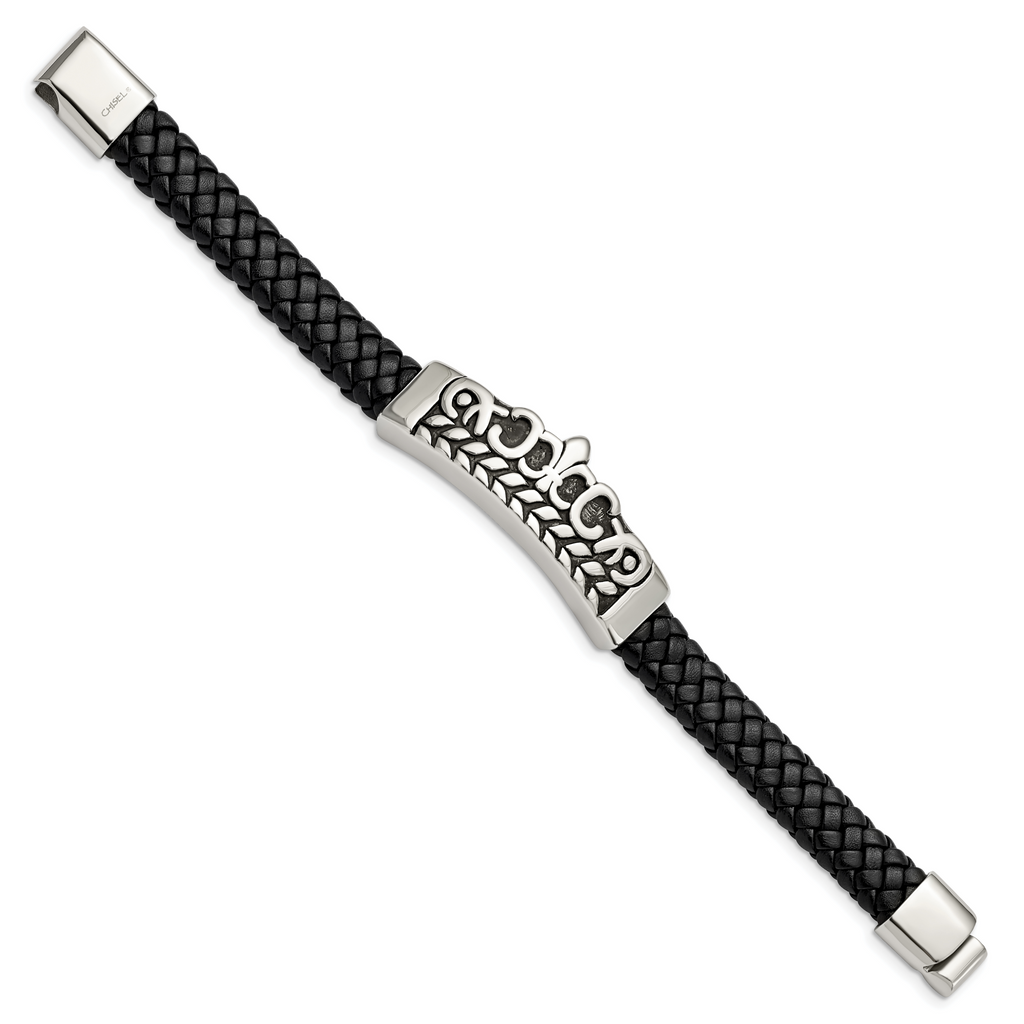 Fleur de Lis Leather Bracelet in Stainless Steel