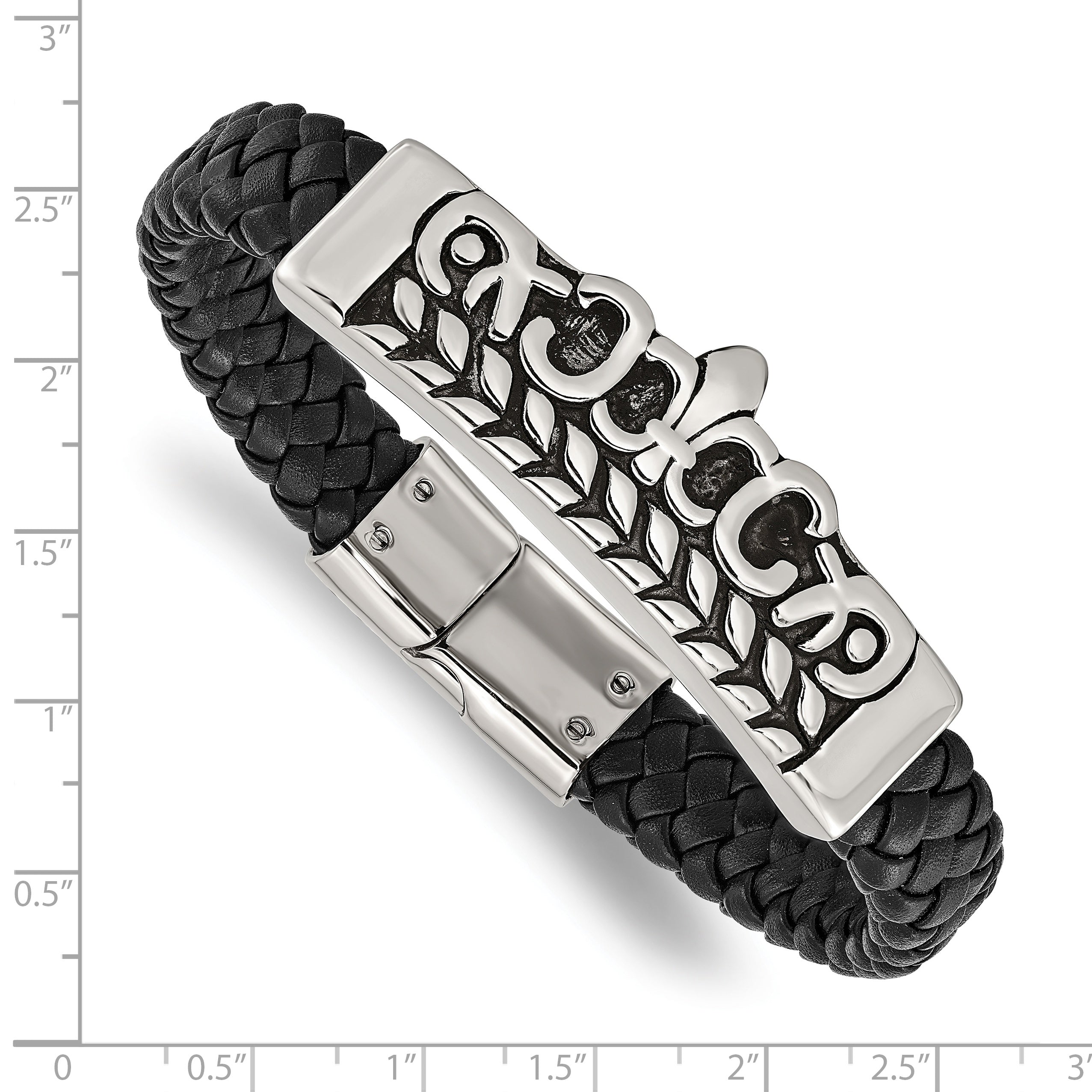 Fleur de Lis Leather Bracelet in Stainless Steel