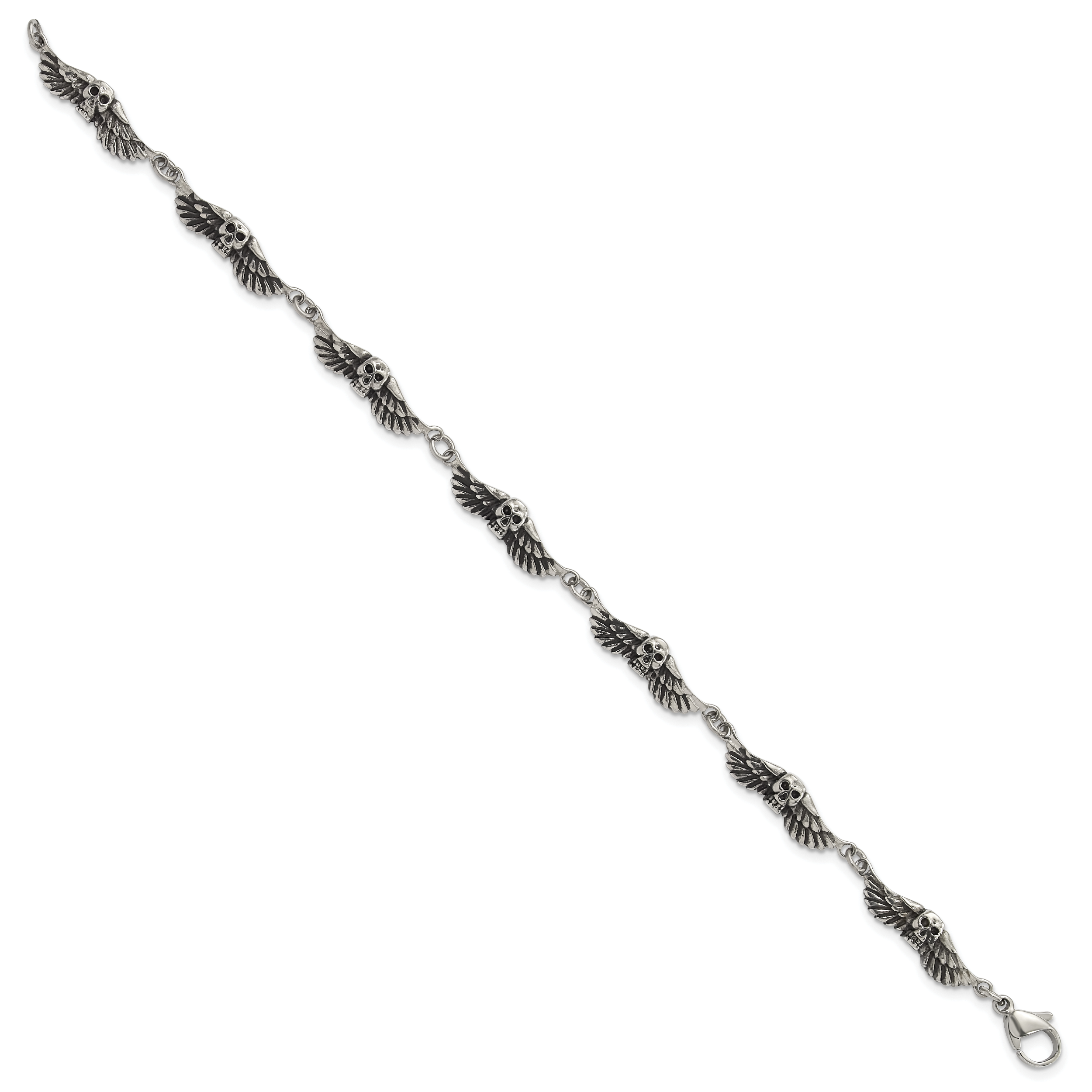 Antiqued Skulls & Wings Bracelet in Stainless Steel
