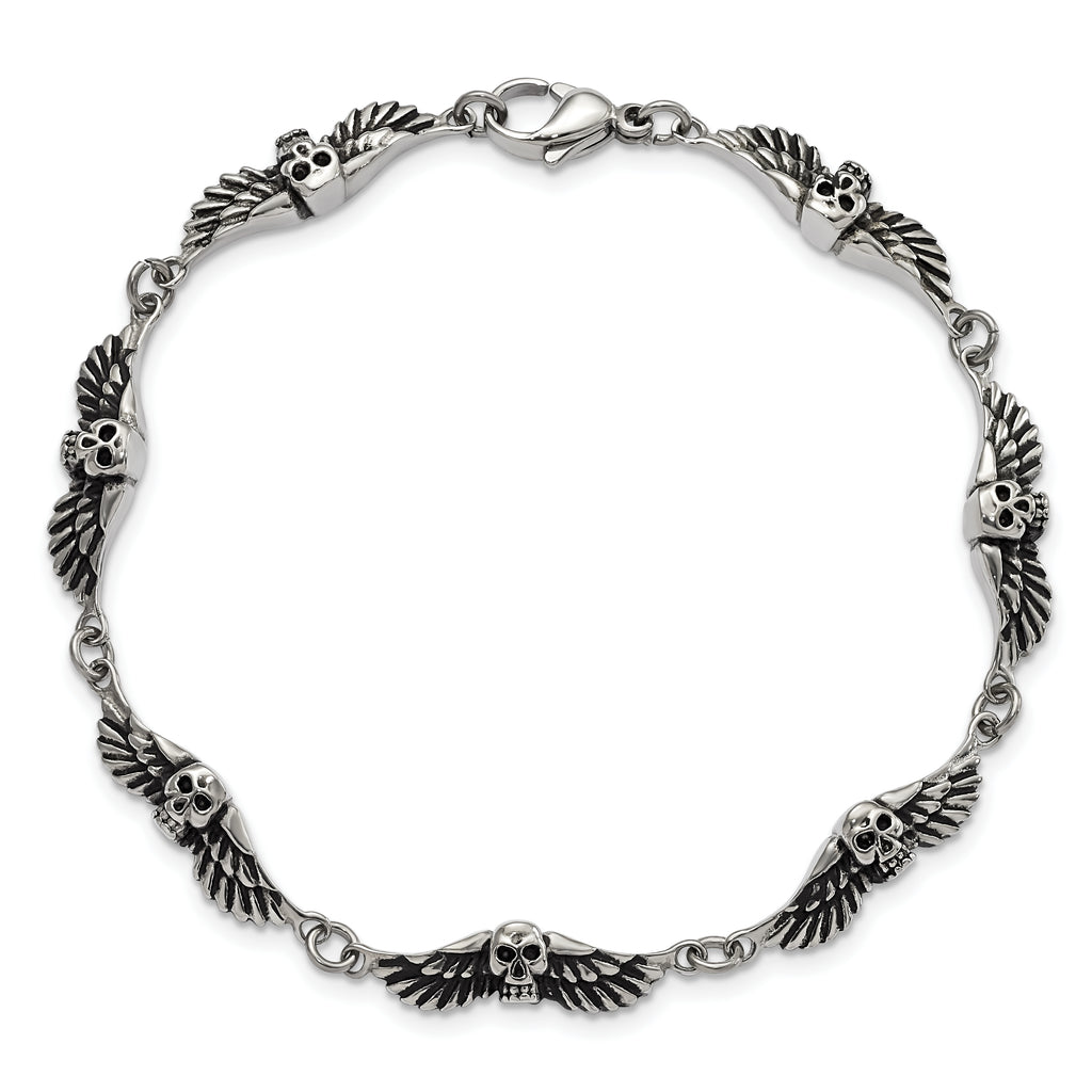 Antiqued Skulls & Wings Bracelet in Stainless Steel