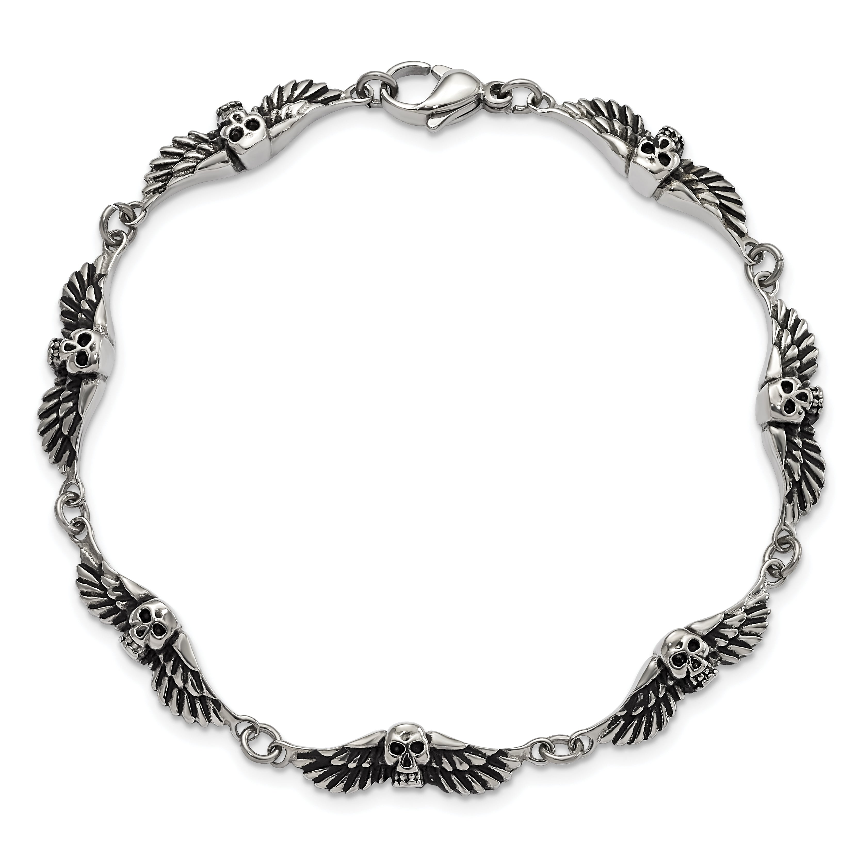 Antiqued Skulls & Wings Bracelet in Stainless Steel