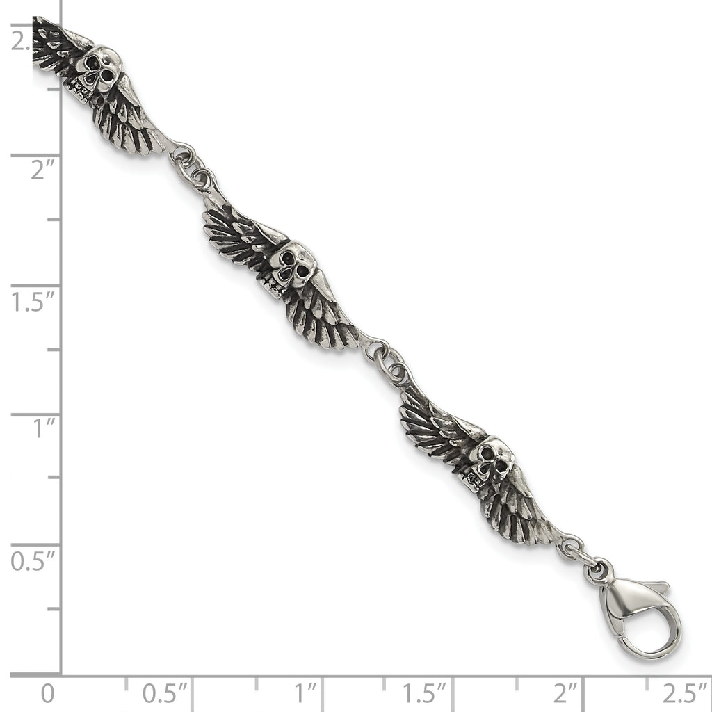 Antiqued Skulls & Wings Bracelet in Stainless Steel